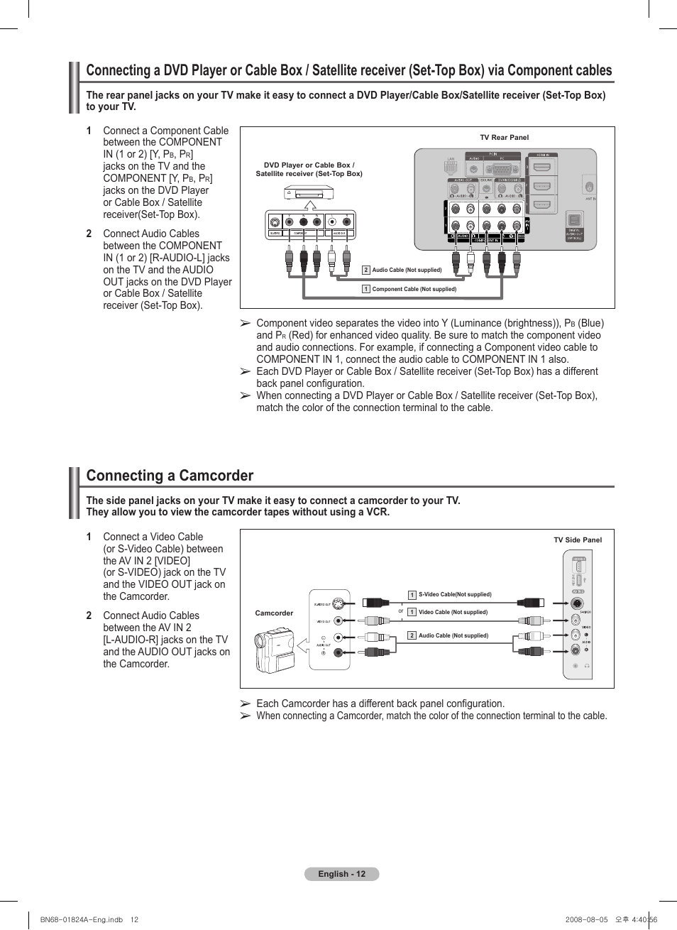 Connecting a camcorder | Samsung BN68-01824A-00 User Manual | Page 12 / 230