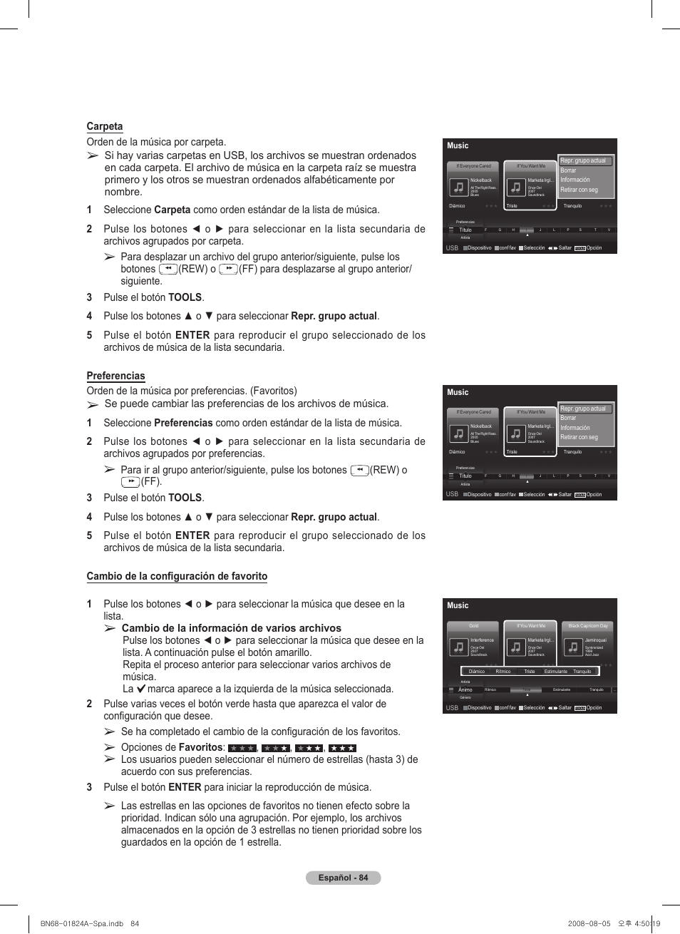 Carpeta orden de la música por carpeta, Rew) o, Opciones de favoritos | Samsung BN68-01824A-00 User Manual | Page 203 / 230