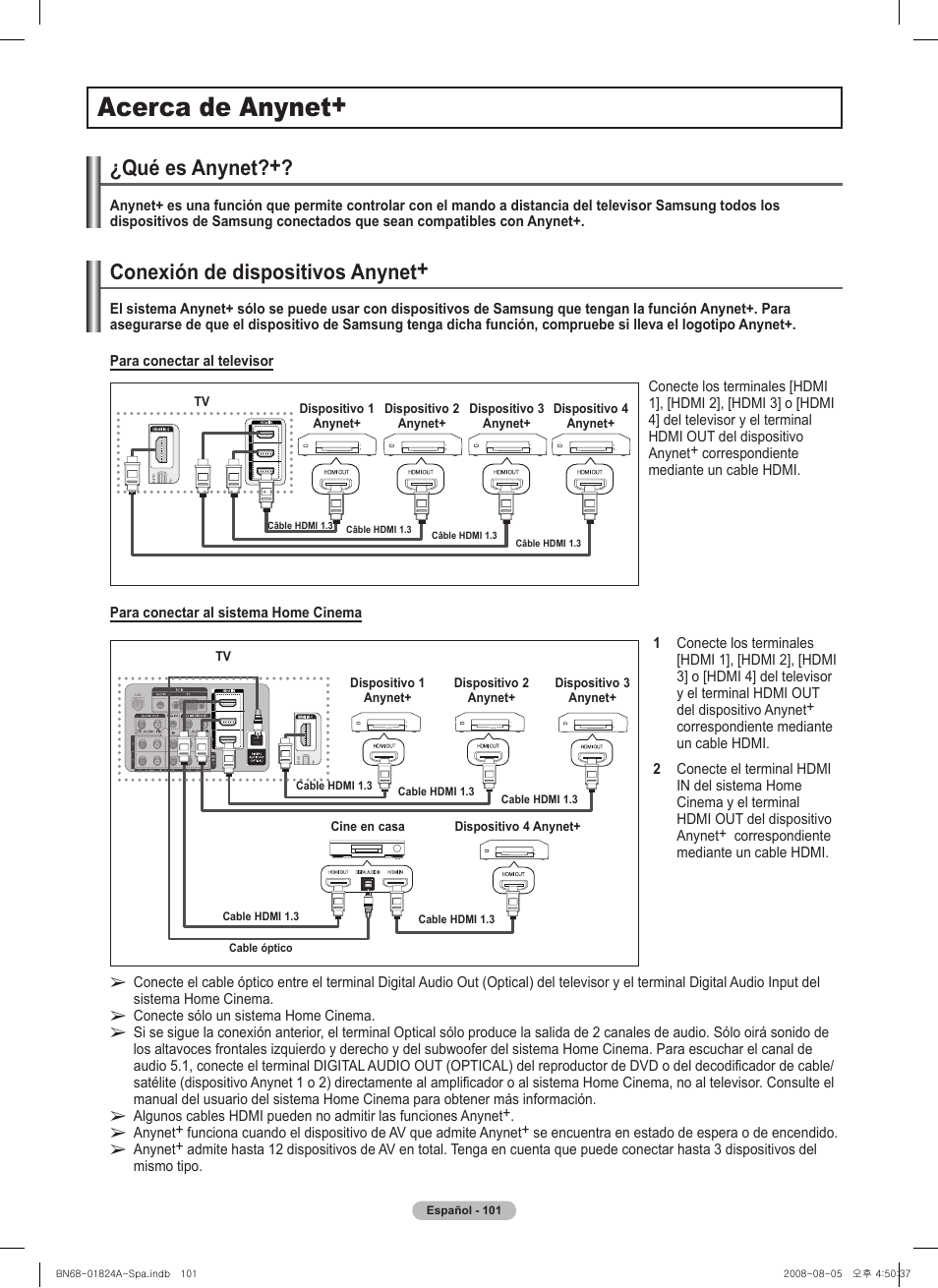 Acerca de anynet, Conexión de dispositivos anynet, Qué es anynet | Samsung BN68-01824A-00 User Manual | Page 220 / 230