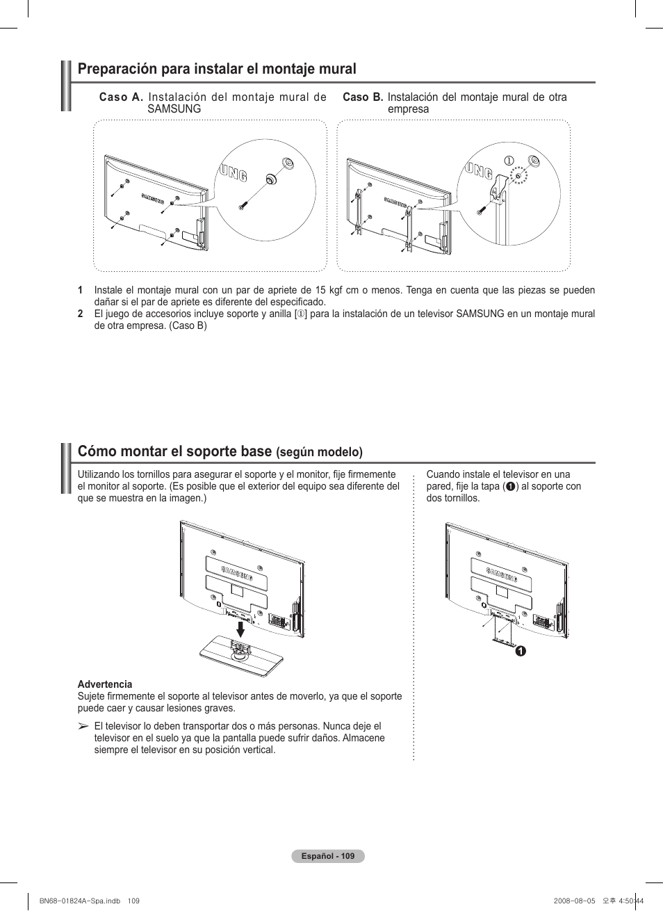 Cómo montar el soporte base, Preparación para instalar el montaje mural | Samsung BN68-01824A-00 User Manual | Page 228 / 230