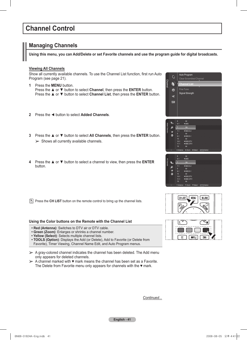 Channel control, Managing channels | Samsung BN68-01824A-00 User Manual | Page 41 / 230