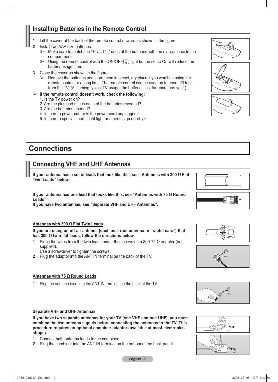 Installing batteries in the remote control, Connections, Connecting vhf and uhf antennas | Samsung BN68-01824A-00 User Manual | Page 9 / 230