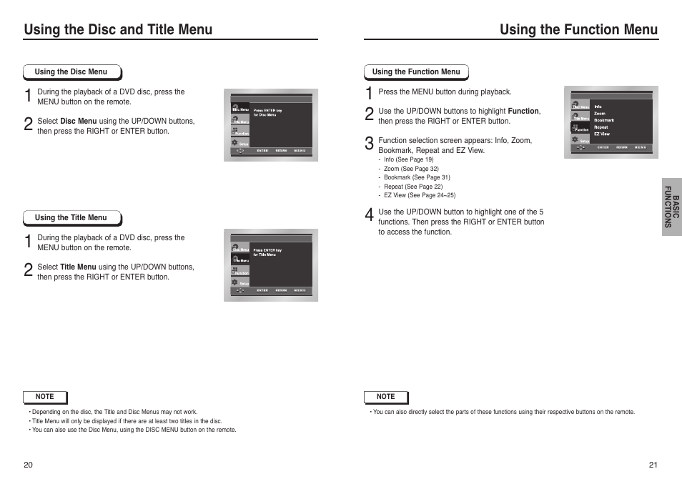 Using the disc and title menu, Using the function menu | Samsung DVD-P241 User Manual | Page 11 / 25