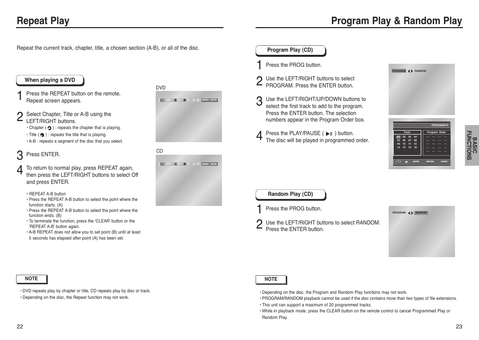 Repeat play, Program play &random play, Repeat play program play & random play | Samsung DVD-P241 User Manual | Page 12 / 25