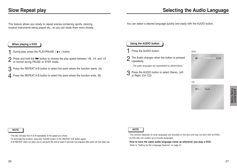 Slow repeat play, Selecting the audio language | Samsung DVD-P241 User Manual | Page 14 / 25