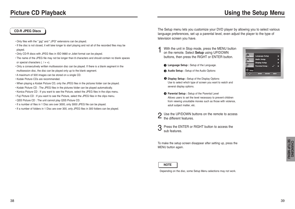 Changing setup menu, Using the setup menu, Picture cd playback | Samsung DVD-P241 User Manual | Page 20 / 25