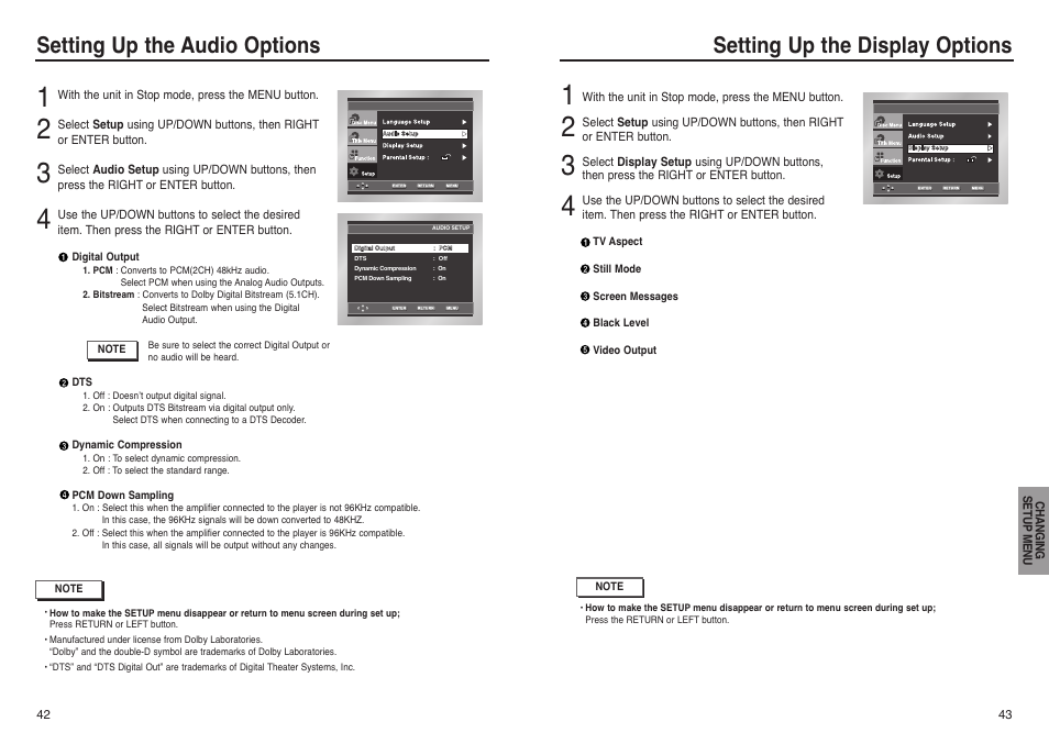 Setting up the audio options, Setting up the display options | Samsung DVD-P241 User Manual | Page 22 / 25