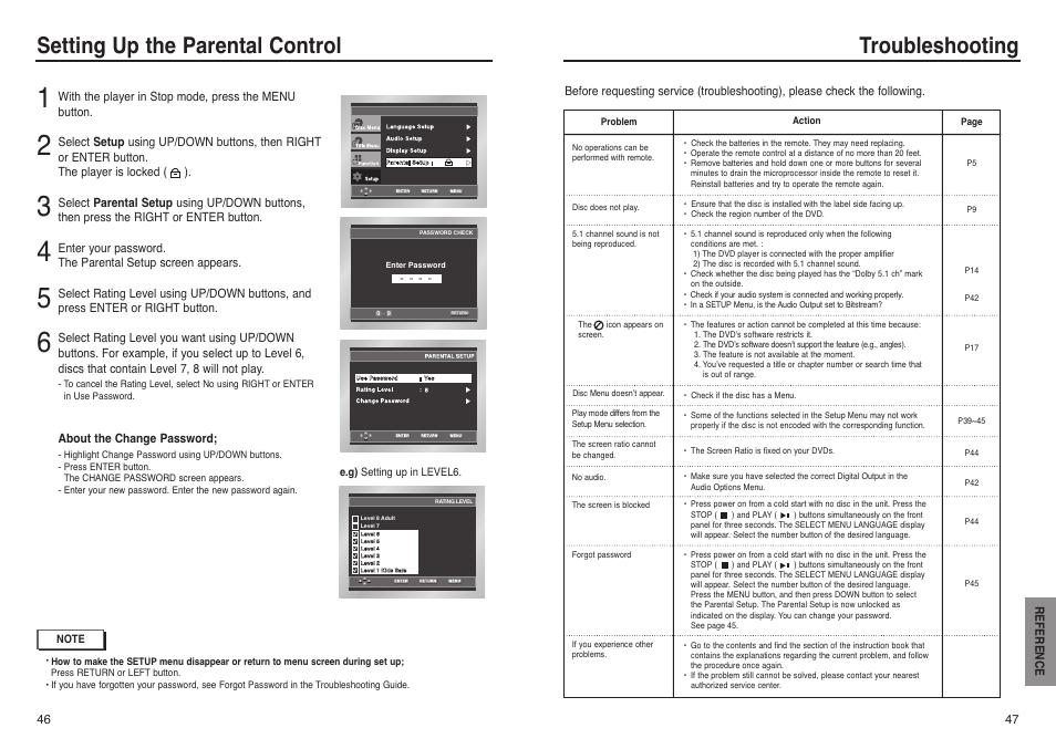 Reference, Troubleshooting, Setting up the parental control | Samsung DVD-P241 User Manual | Page 24 / 25