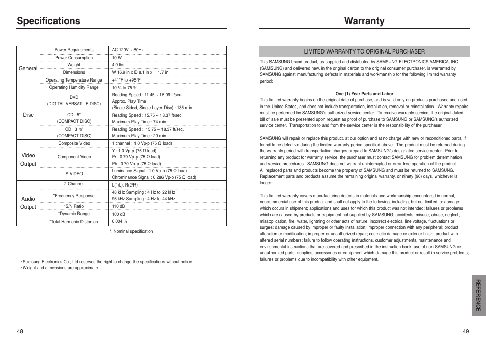 Specifications, Warranty | Samsung DVD-P241 User Manual | Page 25 / 25