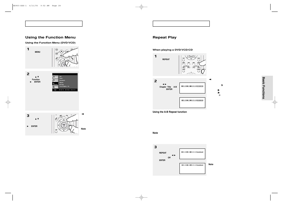 Using the function menu, Repeat play | Samsung DVD-HD950 User Manual | Page 15 / 38