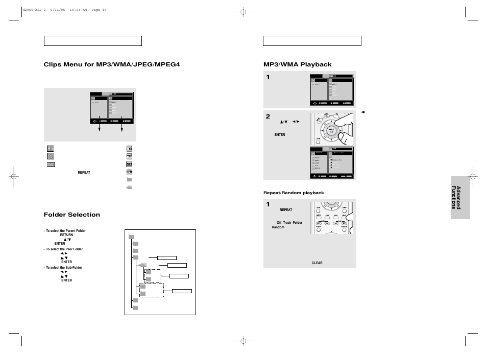 Clips menu for mp3/wma/jpeg/mpeg4, Folder selection, Mp3/wma playback | Advanced functions | Samsung DVD-HD950 User Manual | Page 24 / 38