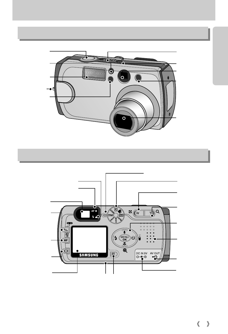 Identification of features, Front & top back & bottom | Samsung Digimax V5000 User Manual | Page 11 / 120