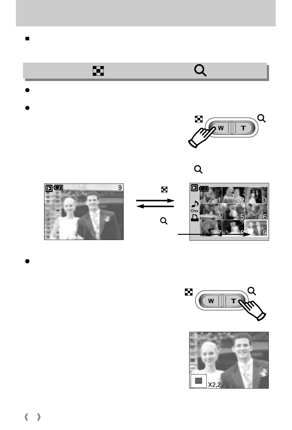 Using the camera buttons to adjust the camera, Thumbnail ( ) / enlargement ( ) button | Samsung Digimax V5000 User Manual | Page 58 / 120