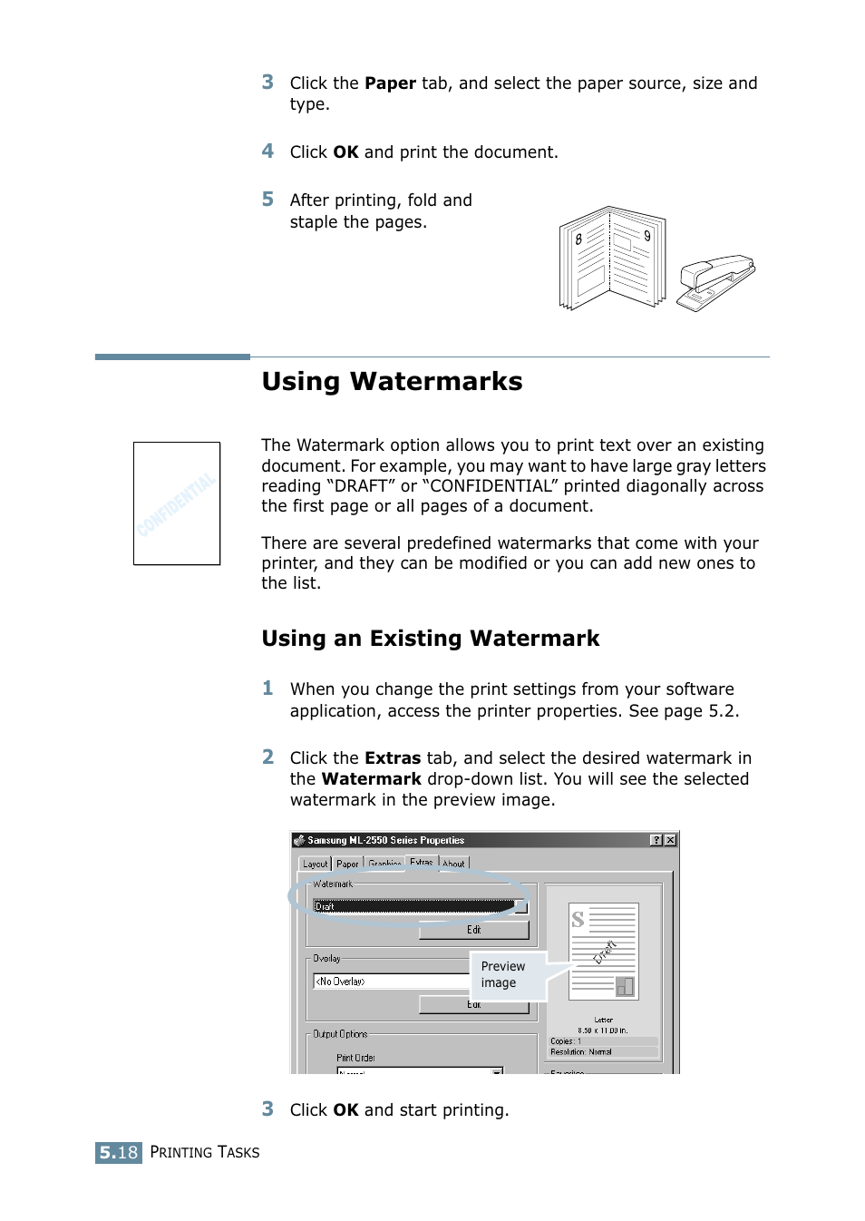 Using watermarks, Using an existing watermark | Samsung ML-2550 Series User Manual | Page 107 / 233