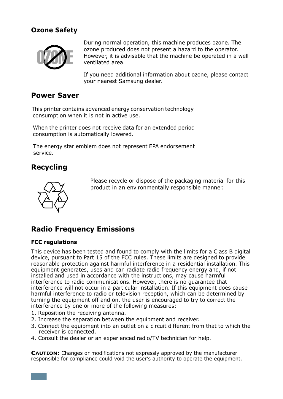 Ozone, Power saver, Recycling | Radio frequency emissions | Samsung ML-2550 Series User Manual | Page 11 / 233