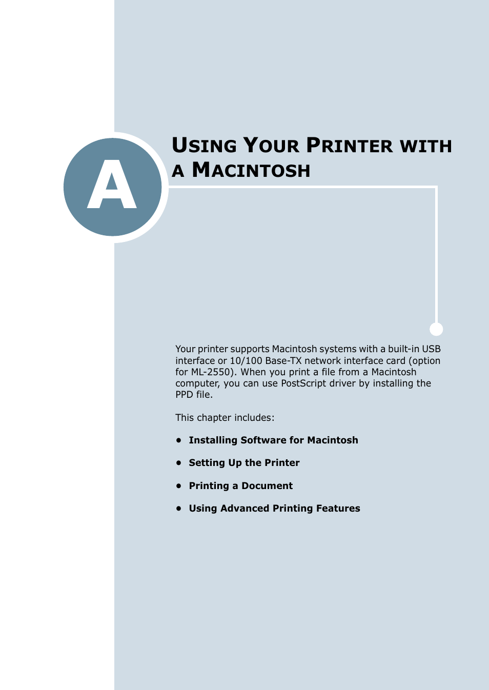A. using your printer with a macintosh, Appendix a, Sing | Rinter, With, Acintosh | Samsung ML-2550 Series User Manual | Page 156 / 233