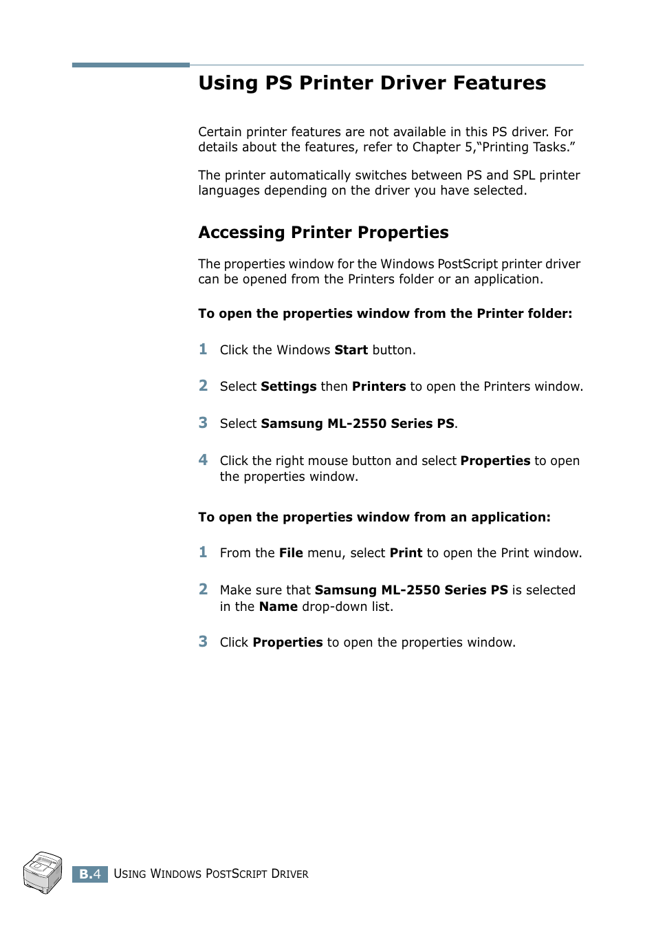 Using ps printer driver features, Accessing printer properties | Samsung ML-2550 Series User Manual | Page 169 / 233