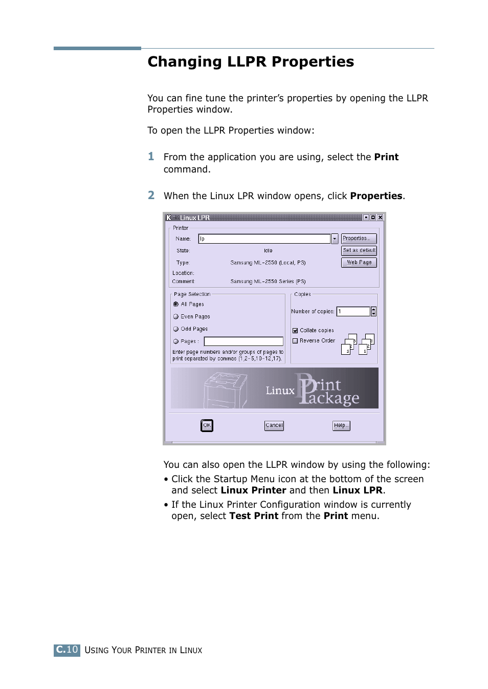 Changing llpr properties | Samsung ML-2550 Series User Manual | Page 179 / 233