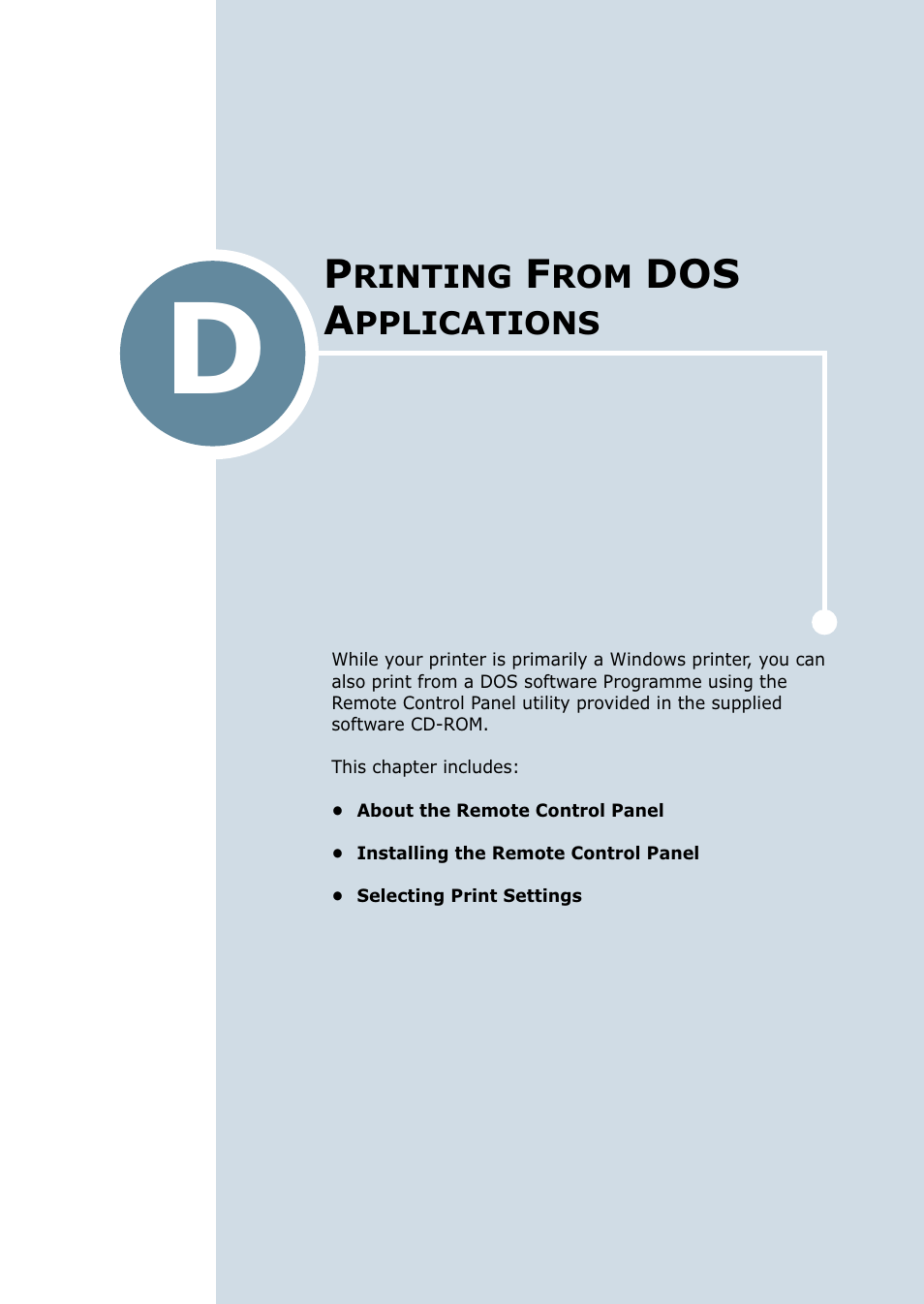 D. printing from dos applications, Appendix d, Rinting | Dos a, Pplications, To appendix | Samsung ML-2550 Series User Manual | Page 182 / 233