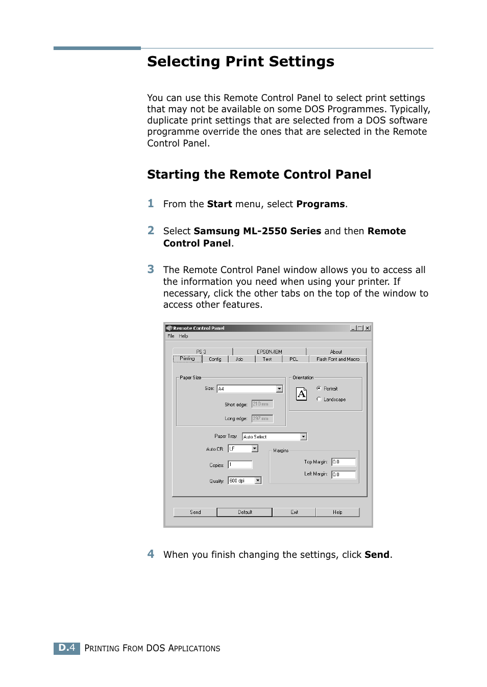 Selecting print settings, Starting the remote control panel | Samsung ML-2550 Series User Manual | Page 185 / 233
