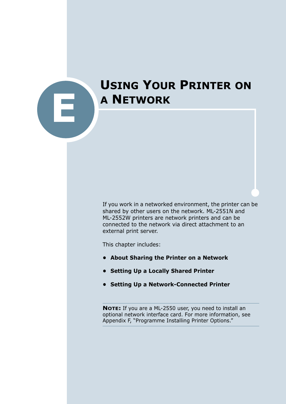 E. using your printer on a network, Appendix e, Sing | Rinter, Etwork | Samsung ML-2550 Series User Manual | Page 194 / 233