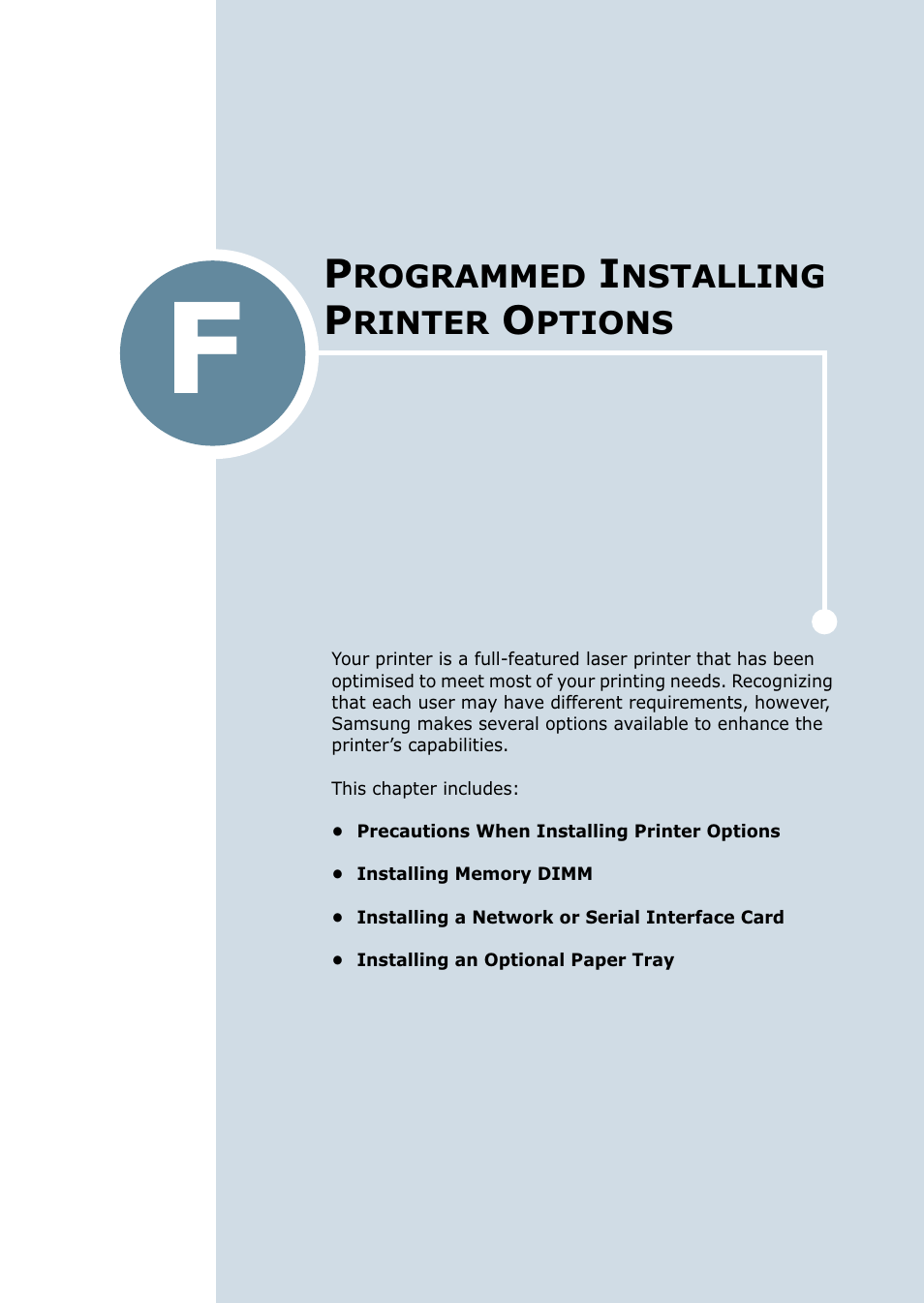 F. programme installing printer options, Appendix f, Rogramme | Nstalling, Rinter, Ptions, Appendix f, “programme installing printer options | Samsung ML-2550 Series User Manual | Page 208 / 233
