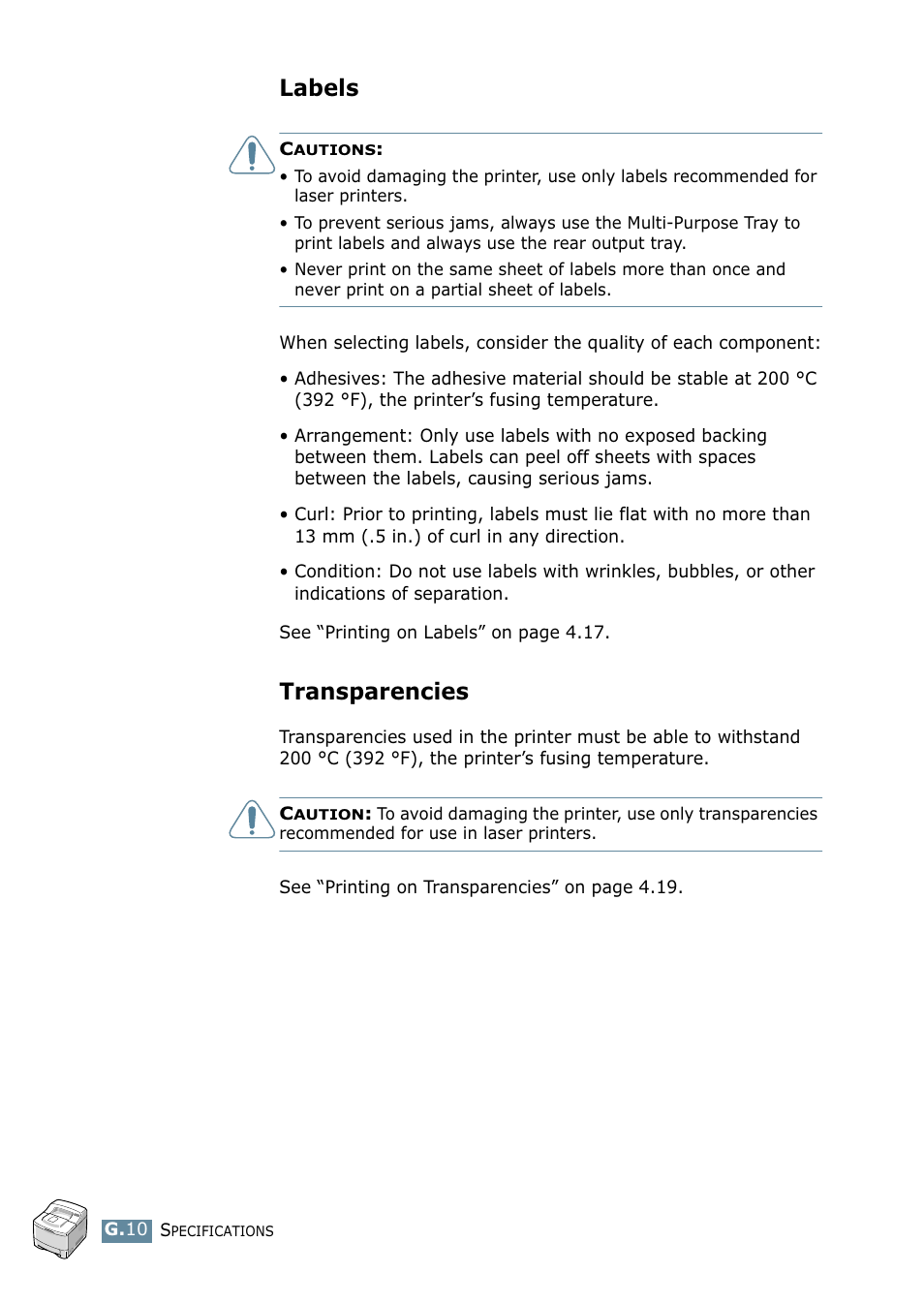 Labels, Transparencies | Samsung ML-2550 Series User Manual | Page 229 / 233
