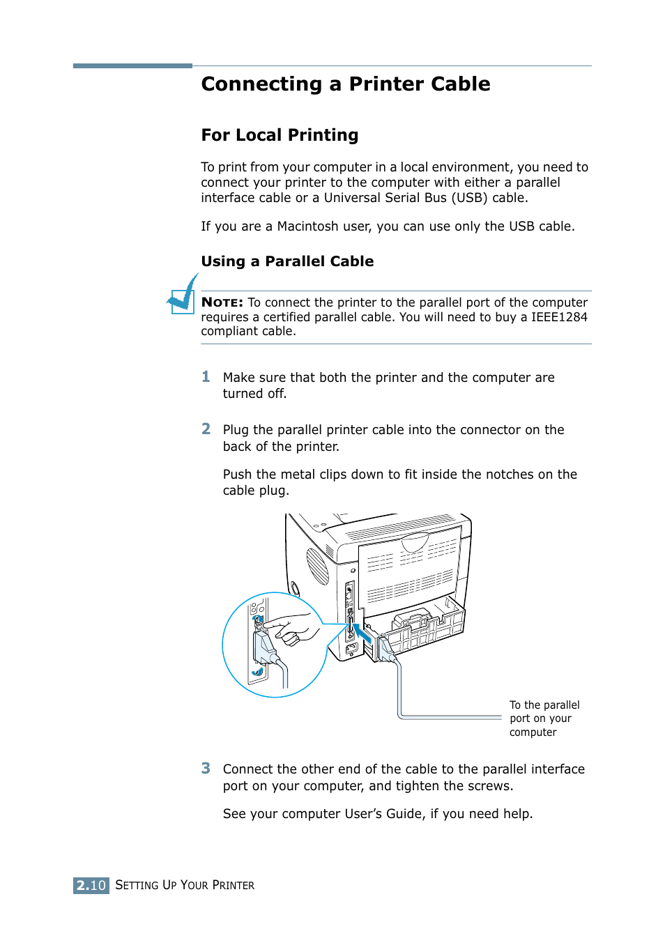 Connecting a printer cable, For local printing | Samsung ML-2550 Series User Manual | Page 33 / 233