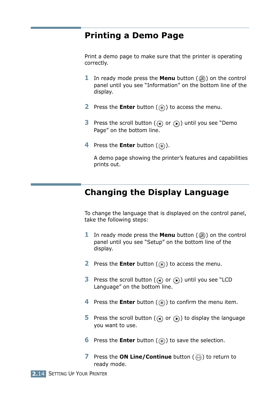 Changing the display language, Printing a demo page | Samsung ML-2550 Series User Manual | Page 37 / 233