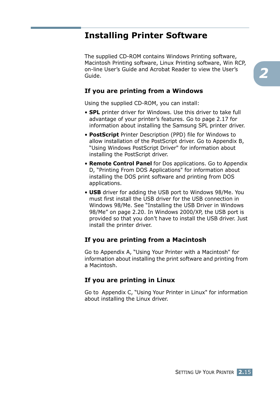 Installing printer software | Samsung ML-2550 Series User Manual | Page 38 / 233