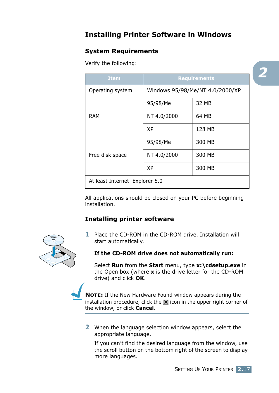 Installing printer software in windows | Samsung ML-2550 Series User Manual | Page 40 / 233