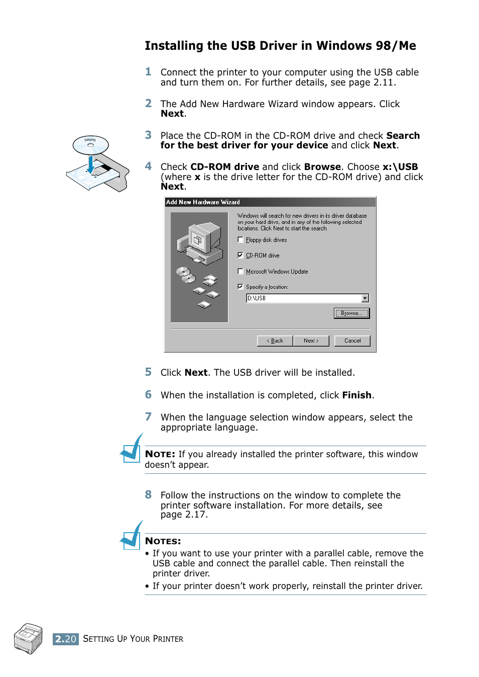 Installing the usb driver in windows 98/me | Samsung ML-2550 Series User Manual | Page 43 / 233