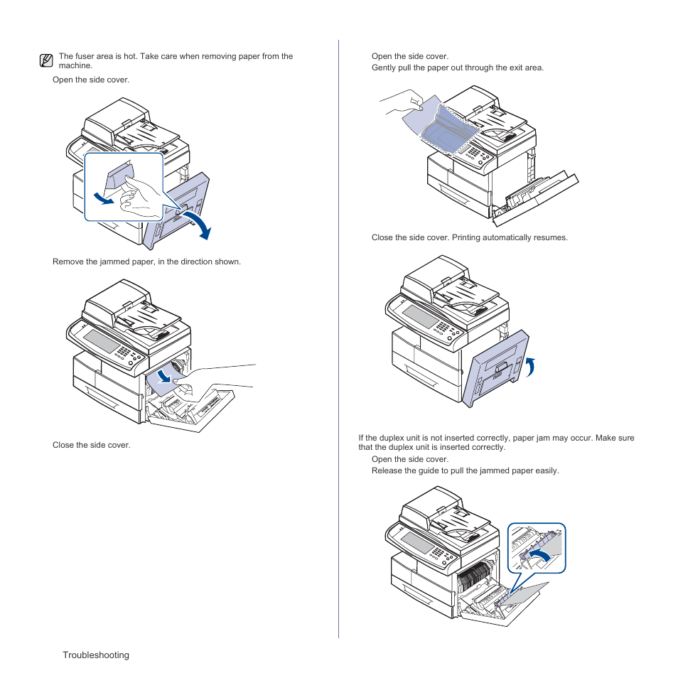 In the fuser area or around the toner cartridge, In the paper exit area, In the duplex unit area | See "in the fuser area, Or around the toner, See "in the paper exit, See "in the duplex unit | Samsung SCX-6555N Series User Manual | Page 104 / 186