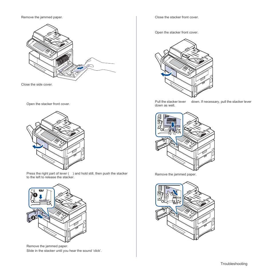 In the stacker (finisher), See "paper jam in front, Of finisher" on | See "paper jam inside, Finisher, paper jam, Inside finisher’s | Samsung SCX-6555N Series User Manual | Page 105 / 186