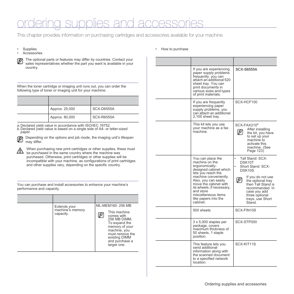 Ordering supplies and accessories, Supplies, Accessories | 119 supplies 119 accessories, See "staple, Cartridge" on | Samsung SCX-6555N Series User Manual | Page 119 / 186