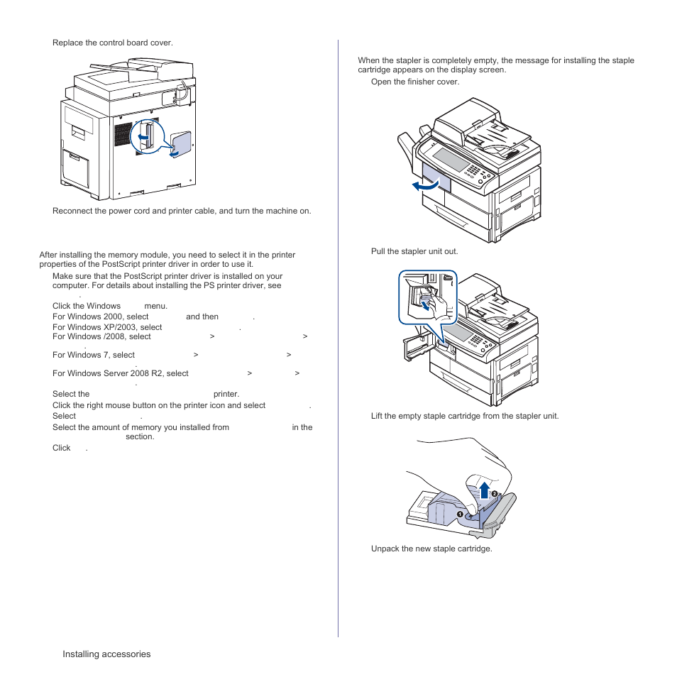Replacing the stapler, 122 replacing the stapler, T. (see "replacing the | See "replacing, The stapler" on | Samsung SCX-6555N Series User Manual | Page 122 / 186