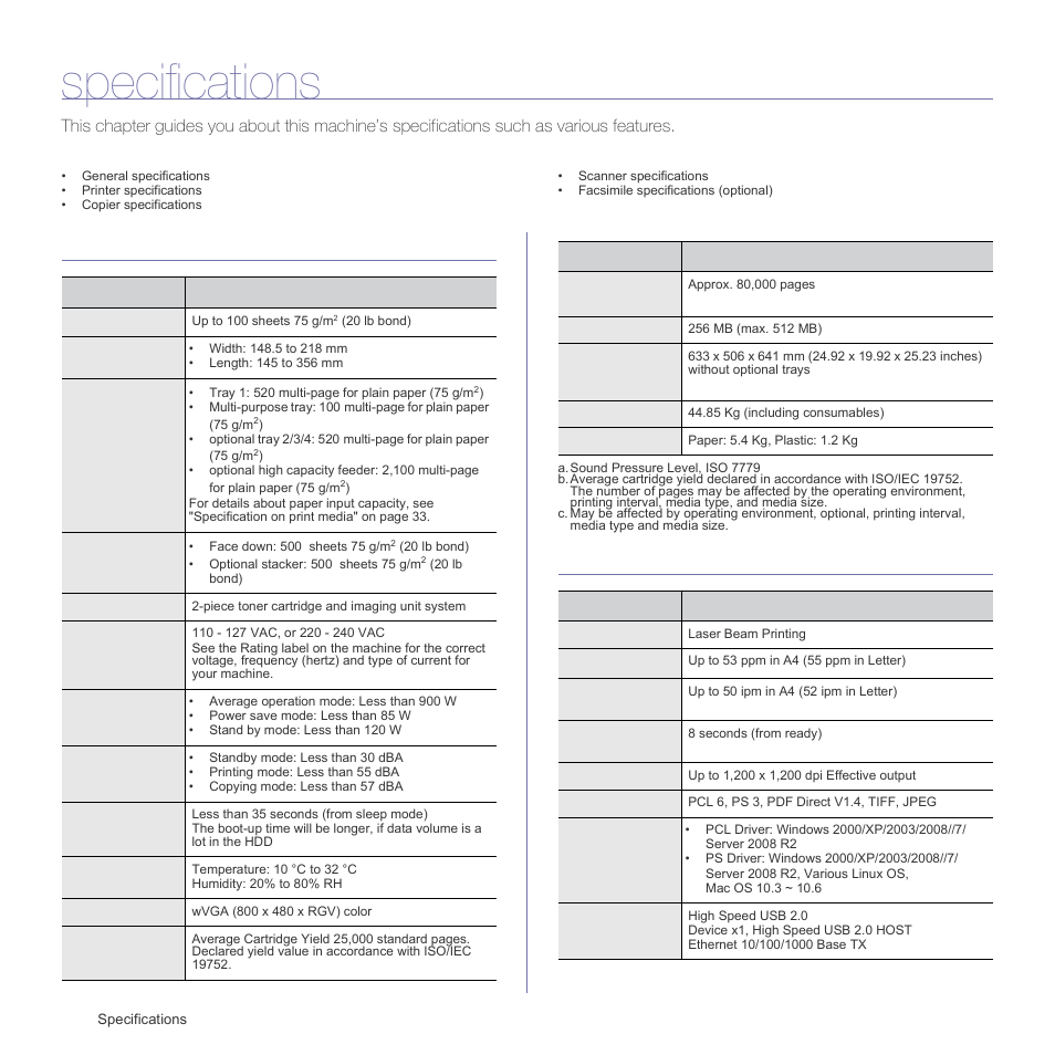 Specifications, General specifications, Printer specifications | See "dadf, Document size" on, General specifications printer specifications | Samsung SCX-6555N Series User Manual | Page 124 / 186