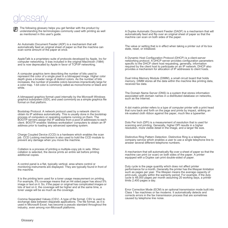 Glossary | Samsung SCX-6555N Series User Manual | Page 126 / 186