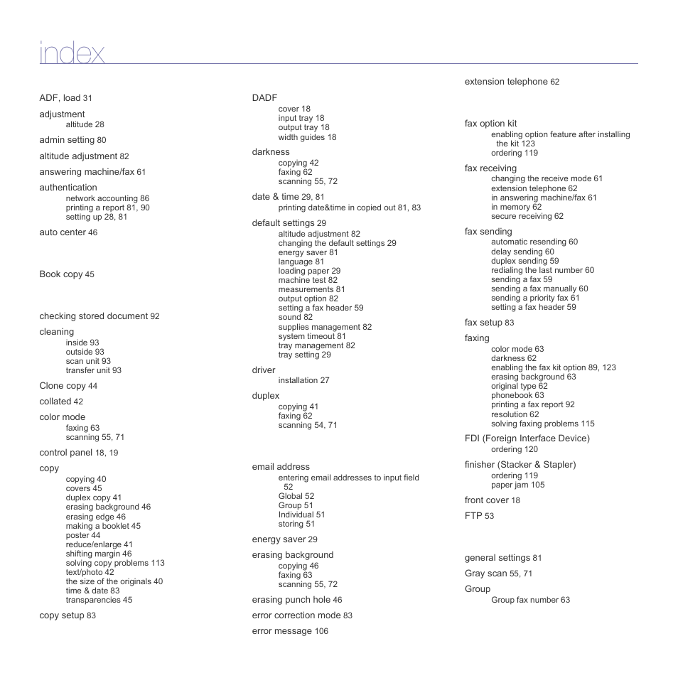 Index | Samsung SCX-6555N Series User Manual | Page 130 / 186