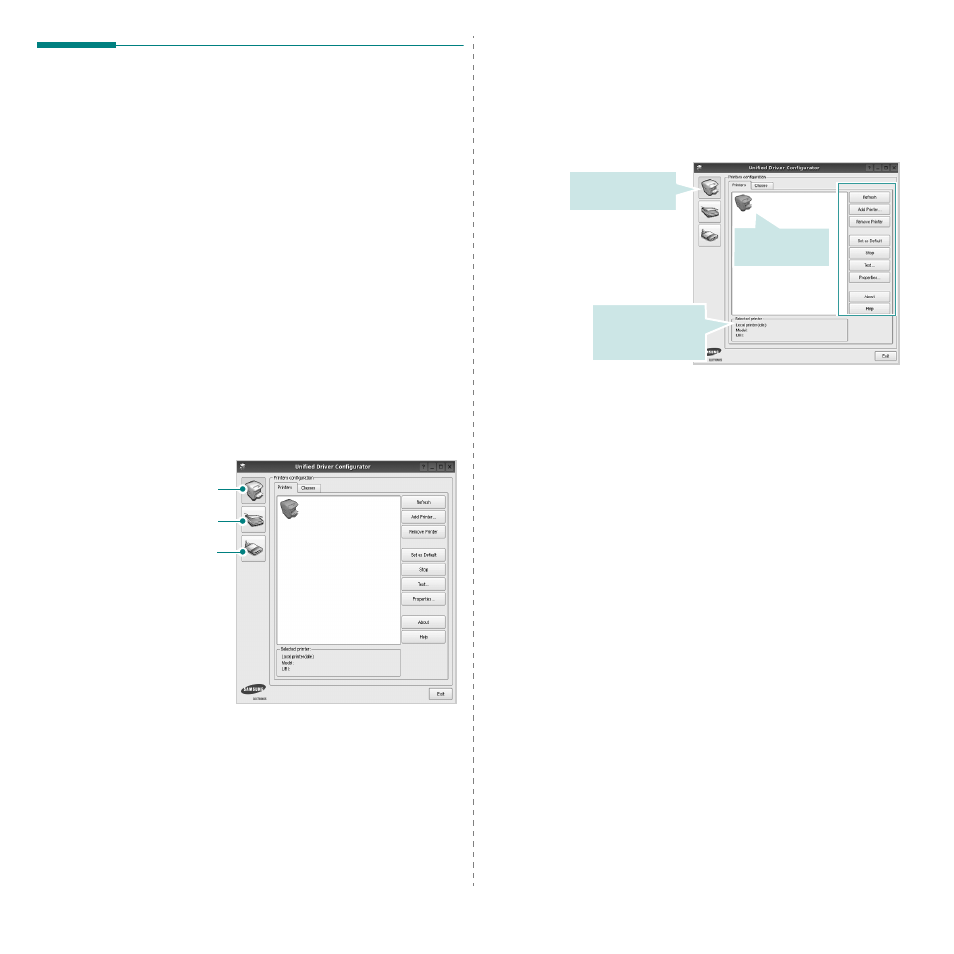 Using the unified driver configurator, Opening the unified driver configurator, Printers configuration | Samsung SCX-6555N Series User Manual | Page 172 / 186
