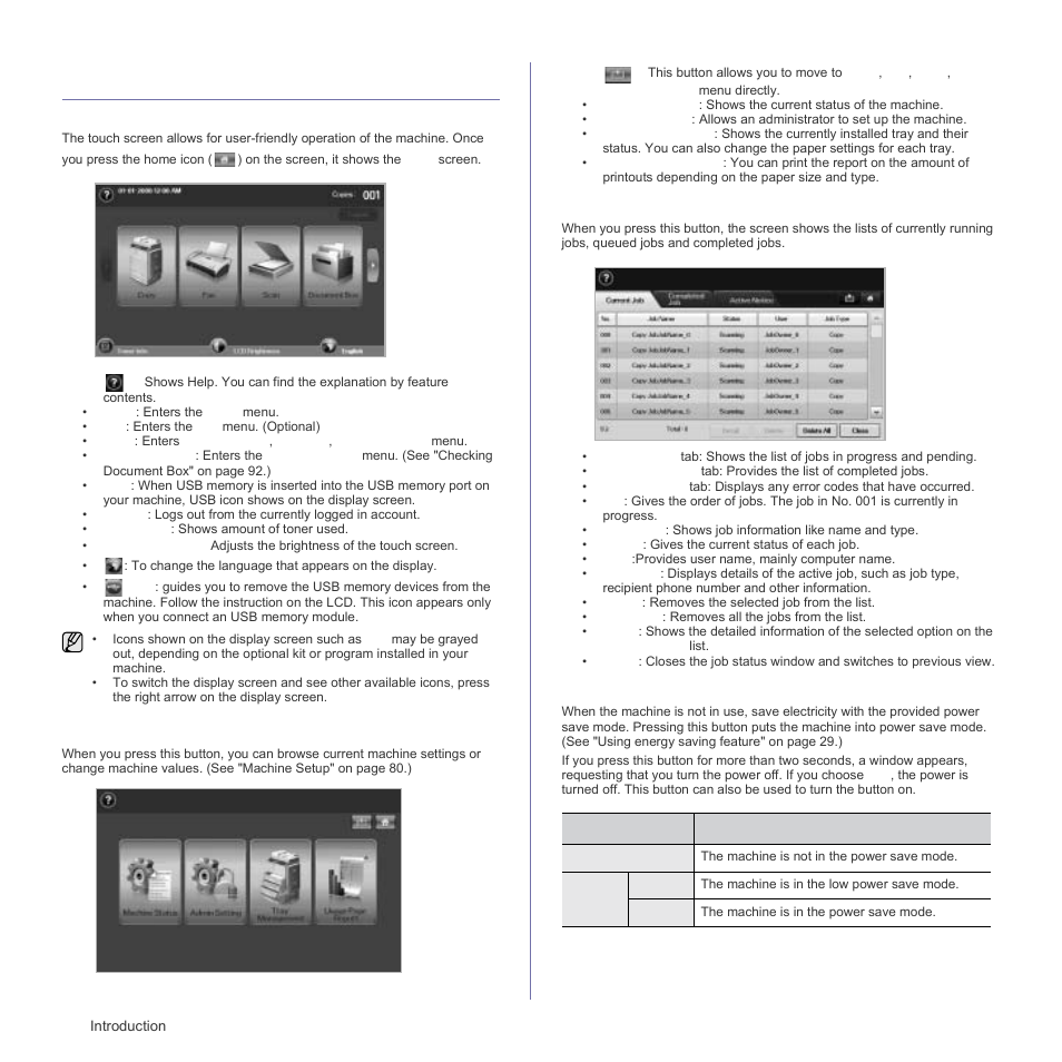 Introducing the touch screen and useful buttons, Touch screen, Machine setup button | Job status button, Power saver button, Power sa | Samsung SCX-6555N Series User Manual | Page 20 / 186