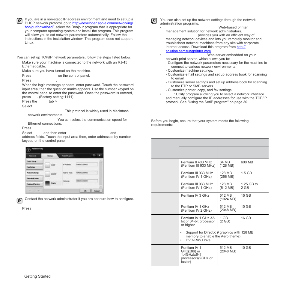 Configuring network protocol via the machine, System requirements, Windows | Samsung SCX-6555N Series User Manual | Page 26 / 186