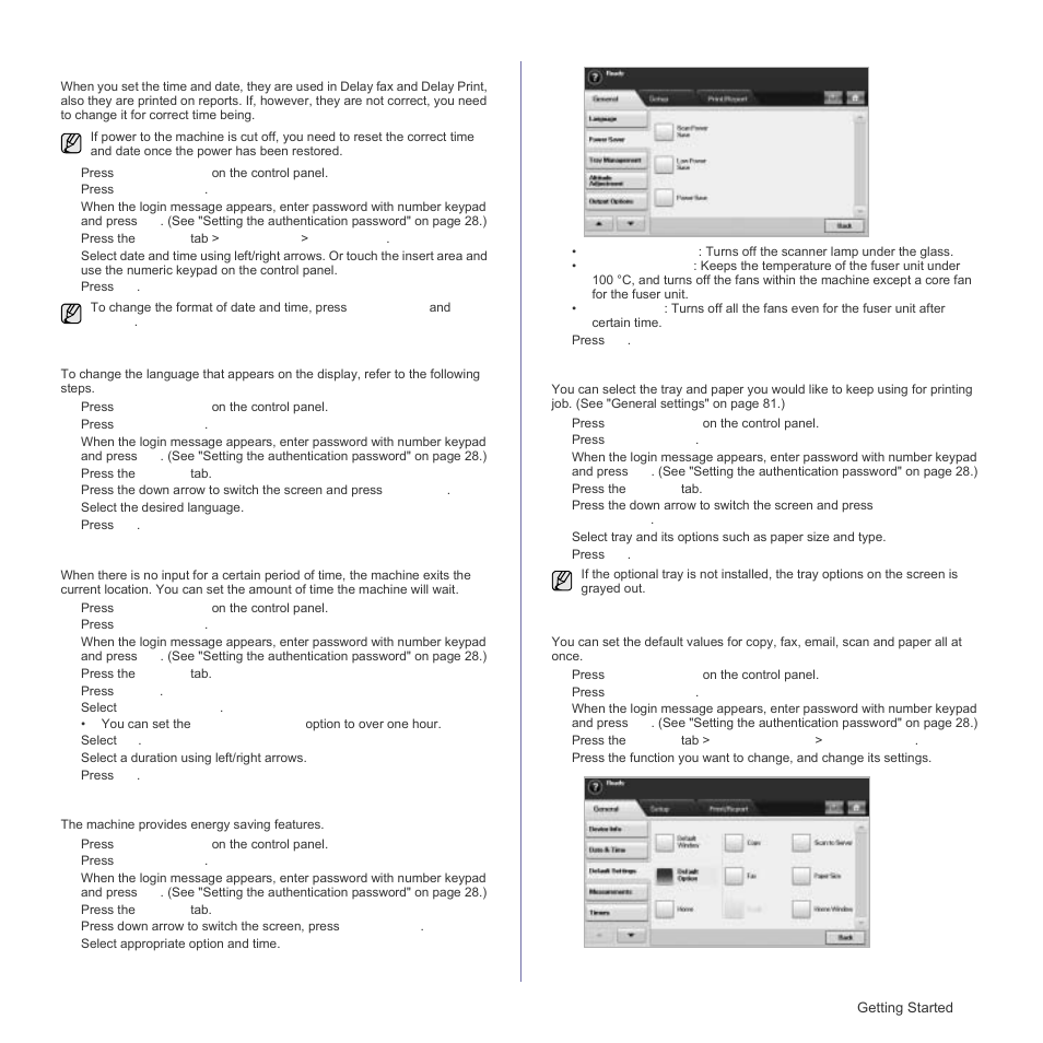 Setting the date and time, Changing the display language, Setting job timeout | Using energy saving feature, Setting the default tray and paper, Changing the default settings | Samsung SCX-6555N Series User Manual | Page 29 / 186
