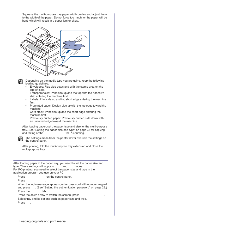 Setting the paper size and type | Samsung SCX-6555N Series User Manual | Page 38 / 186