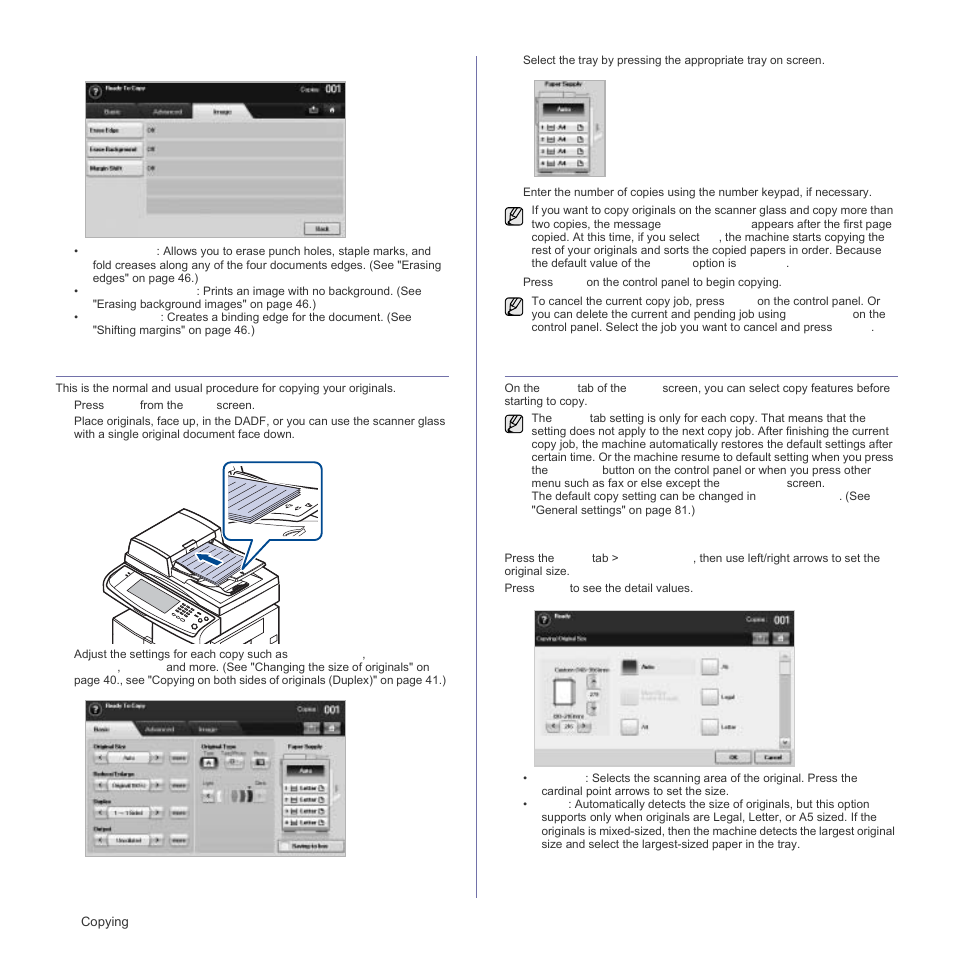 Image tab, Copying originals, Changing the settings for each copy | Changing the size of originals, See "changing the | Samsung SCX-6555N Series User Manual | Page 40 / 186