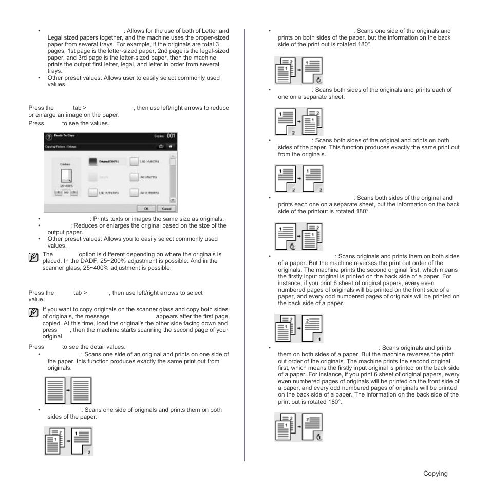 Reducing or enlarging copies, Copying on both sides of originals (duplex), Copying on both sides of originals | Samsung SCX-6555N Series User Manual | Page 41 / 186