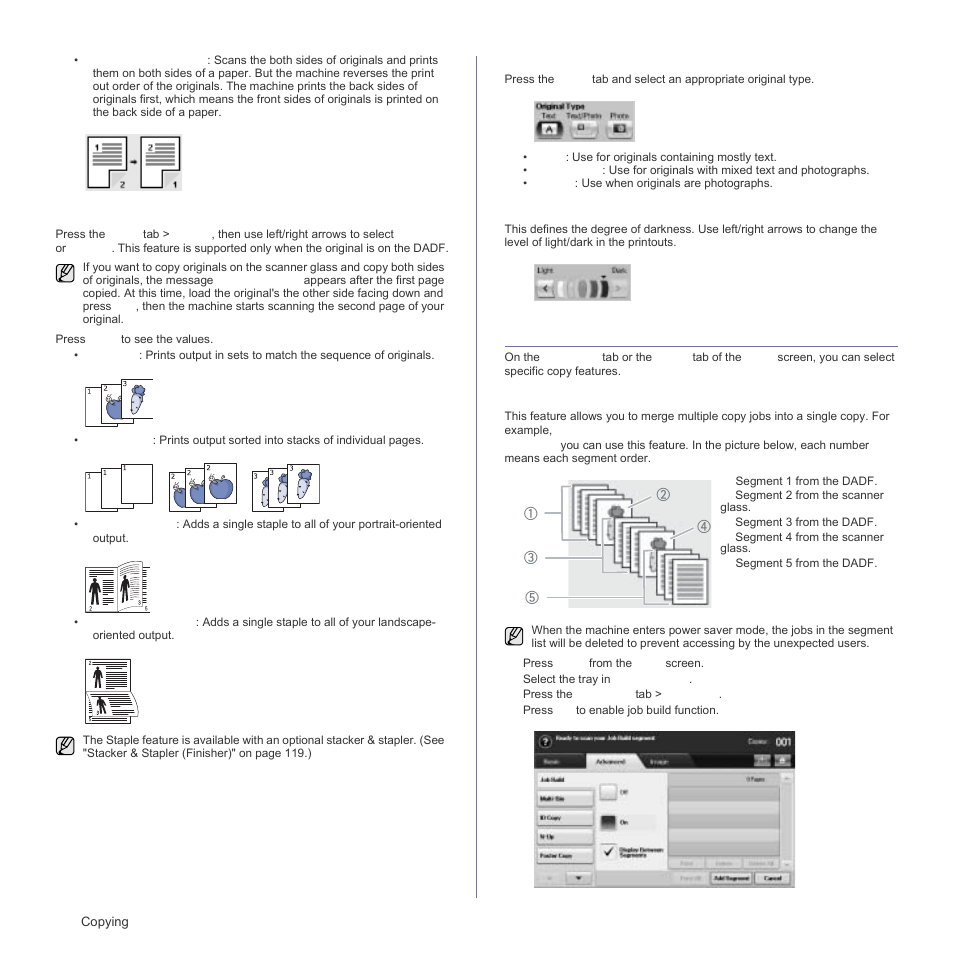 Selecting the type of originals, Changing the darkness, Using special copy features | Merging multiple jobs as a single copy | Samsung SCX-6555N Series User Manual | Page 42 / 186