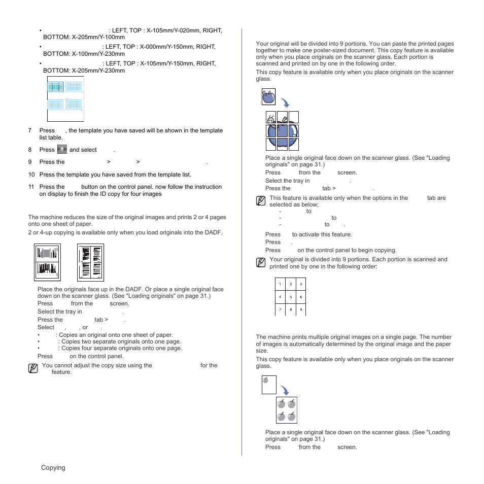 Up or 4-up copying (n-up), Poster copying, Clone copying | Samsung SCX-6555N Series User Manual | Page 44 / 186