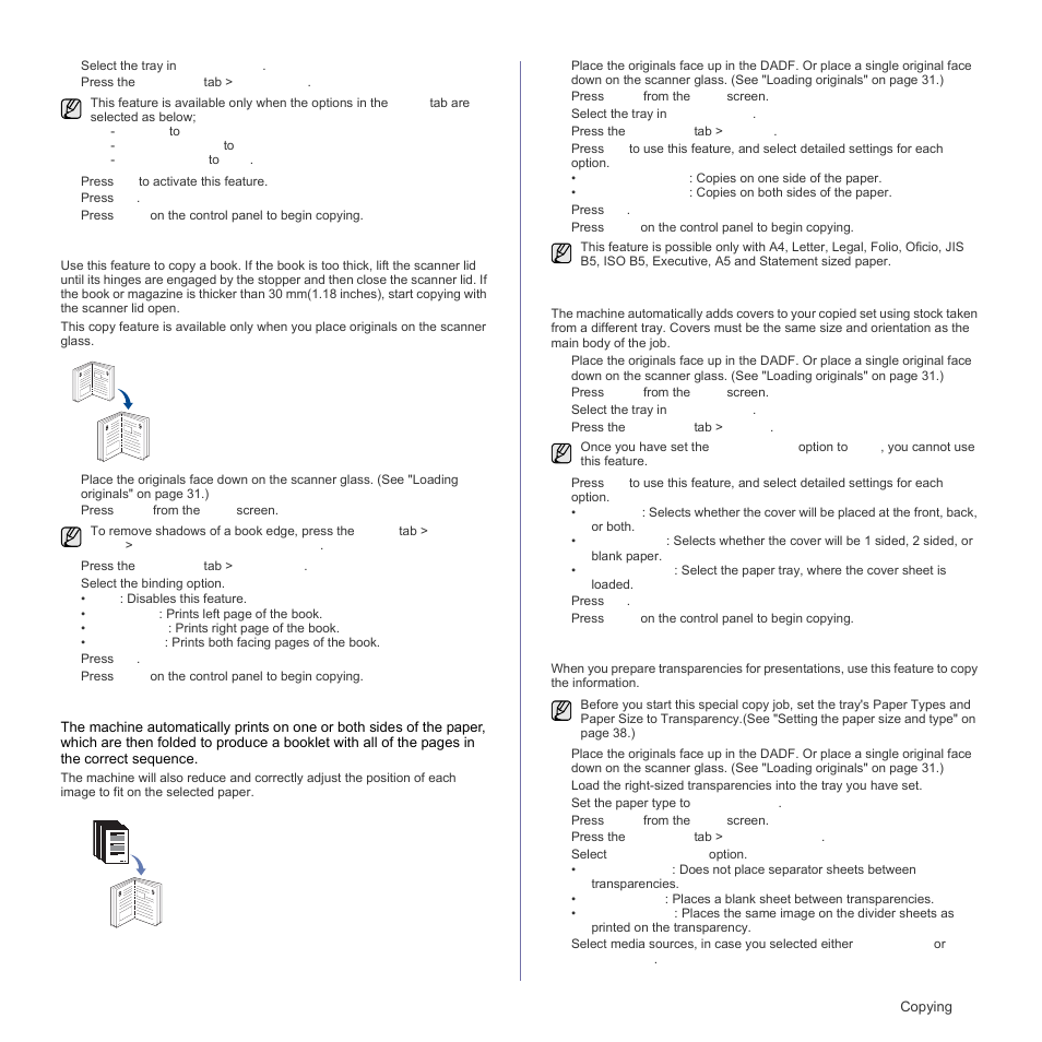 Book copying, Booklet copying, Cover copying | Transparency copying, See "book, See "transparency copying" on | Samsung SCX-6555N Series User Manual | Page 45 / 186