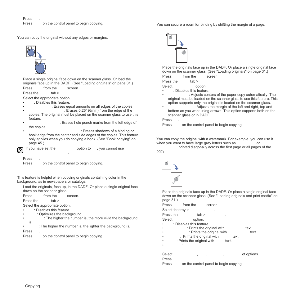Erasing edges, Erasing background images, Shifting margins | Watermark copying, See "erasing | Samsung SCX-6555N Series User Manual | Page 46 / 186